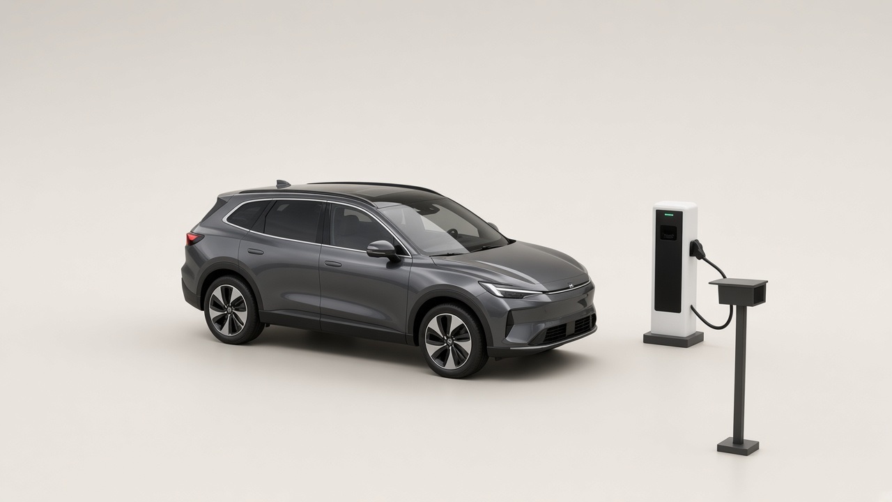 Illustrative SUV next to an EV charger and recognition camera